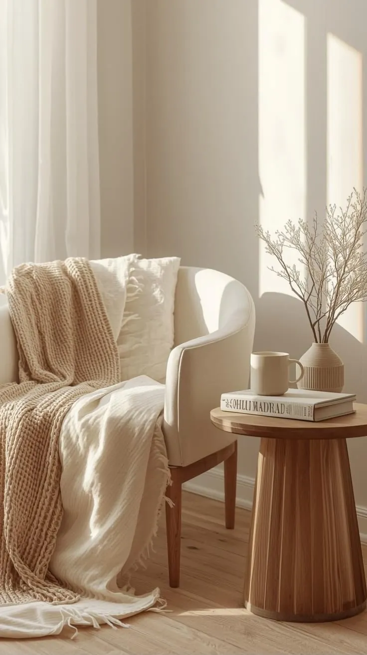 A cream armchair with a knitted throw beside a small wooden table