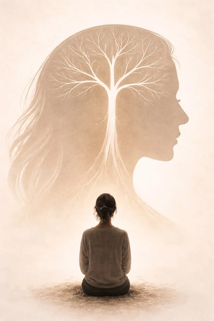 A person sitting quietly, facing a soft silhouette with a tree growing inside it