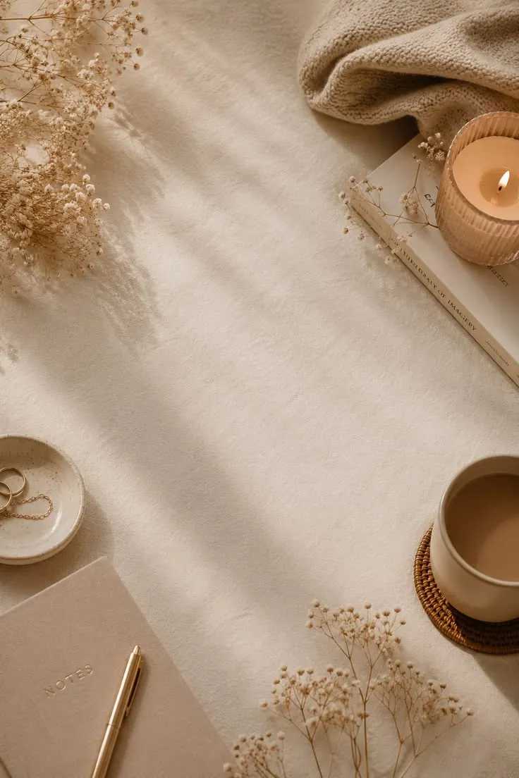 A notebook and gold pen, a lit candle, tea and dried flowers on soft linen