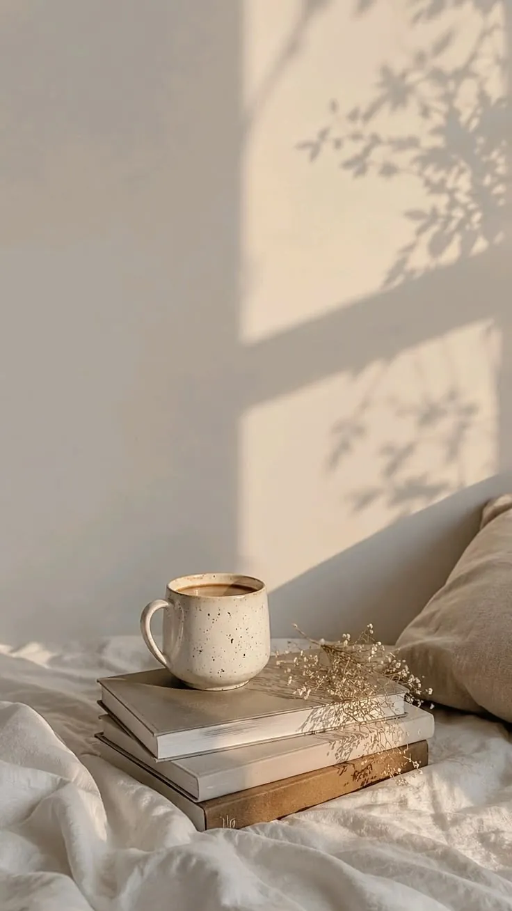 A speckled mug of tea on a stack of books, in soft window light